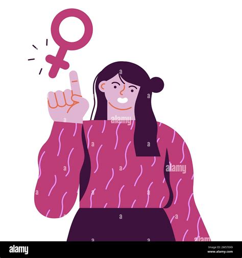 Happy Young Woman Dressed In Pink With Female Symbol For Women Rights Or Equality Concept