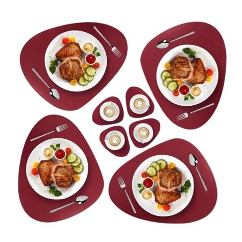 Inyahome Set Of 4 10 Placemats And Coasters Red Burgundy Triangle Round