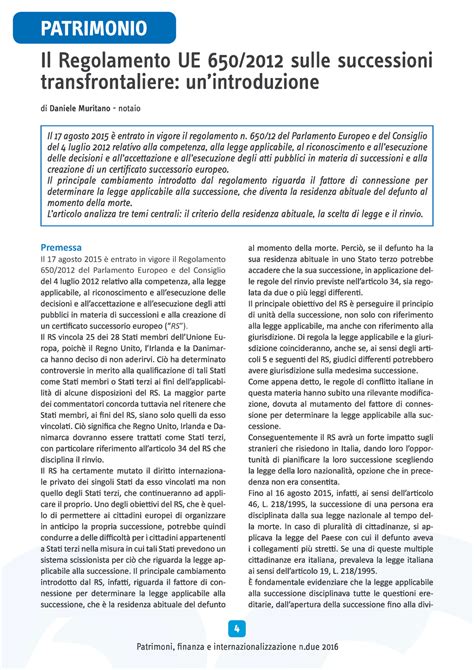 Il Regolamento UE 650 12 sulle successio Premessa Il 17 agosto 2015 è