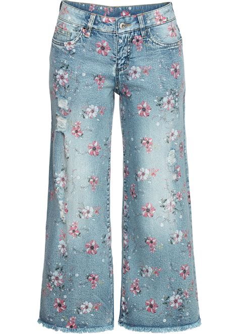 Schöne Culotte Jeans Mit Verspieltem Print Hellblau Denim Geblümt