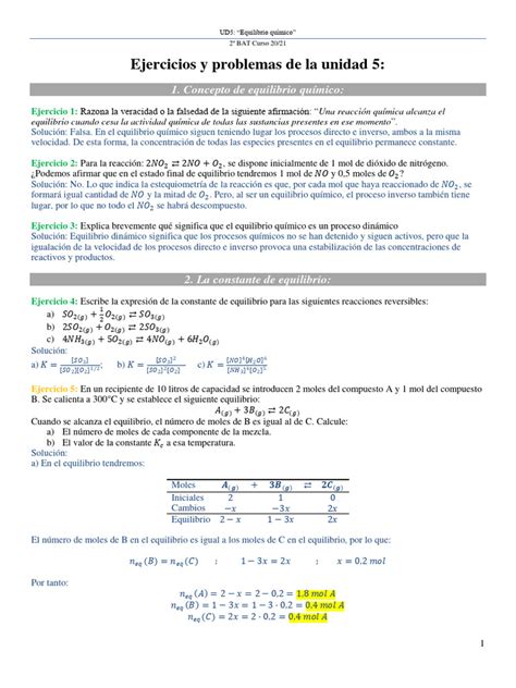 2ºbat Ud5 Ejercicios Y Problemas De La Unidad 5 Equilibrio Químico 20