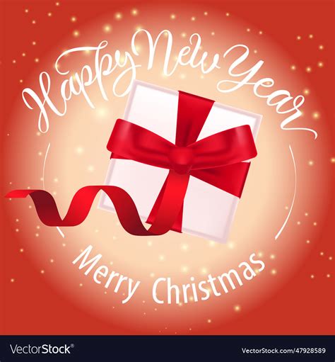Merry christmas happy new year lettering and gift Vector Image