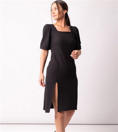 Buy Armonika Textured Square Neck Midi Dress With Slit In Black