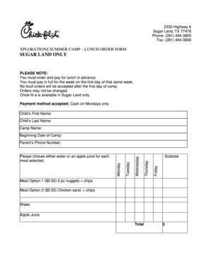 Fillable Online Hmns Xplorations Summer Camp Lunch Order Form Sugar