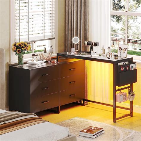 Black Dresser Chest Of Drawers With Led Light And Desk For Bedroom