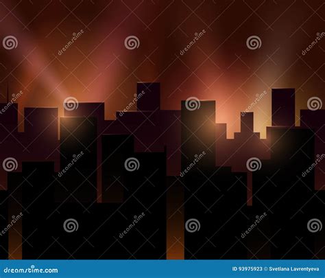 Vector City With Skyscrapers And Searchlights The City Is Night