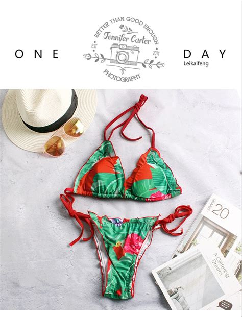 Sexy Triangle Push Up Brazilian Bikini Set Floral Print Ruched Fringe