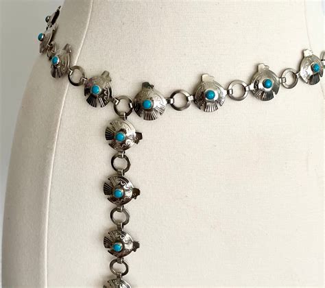 Thunderbird Turquoise Concho Belt Chain Link Vintage S Silver Metal