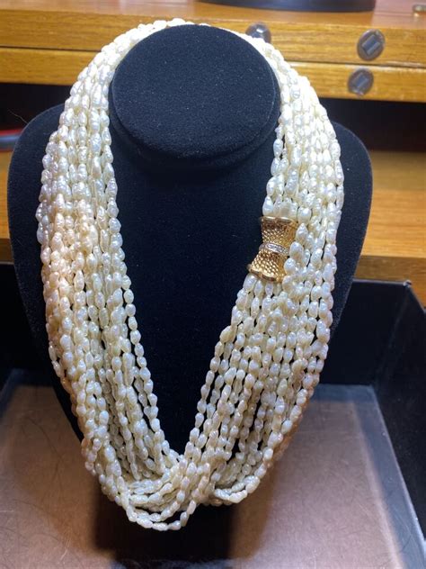 Vtg Necklace Freshwater Rice Cultured 10 Strand Rice Pearl 14k Clasp And Diamonds Ebay