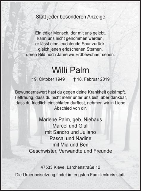 Traueranzeigen Von Willi Palm Trauer In NRW De