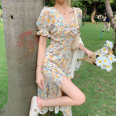 Es Chiffon Summer Bubble Sleeve Short Sleeved V Neck Floral Dress Woman