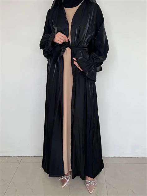 Abaya Mu Ulmana De Cetim Preto Para Mulheres Vestido Ramadan Hijab