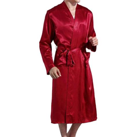 Mens Long Satin Silk Pajamas Kimono Bathrobe Robe Dressing Gown Pjs