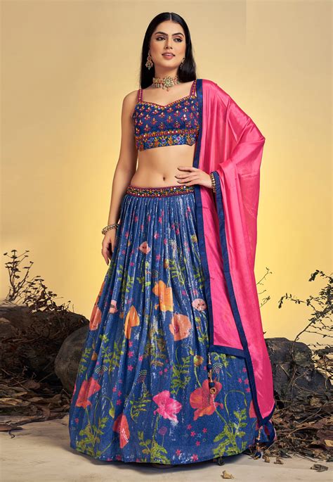 Blue Chinon Silk Readymade Floral Lehenga Choli