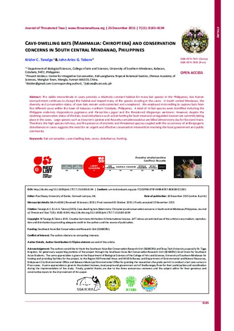 (PDF) Cave-dwelling bats (Mammalia: Chiroptera) and conservation concerns in South central ...