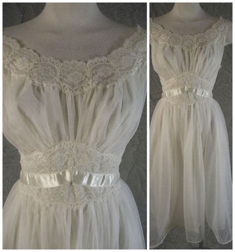 Vintage 50s Vanity Fair Bridal White Chiffon Lace Princess Nightgown 34