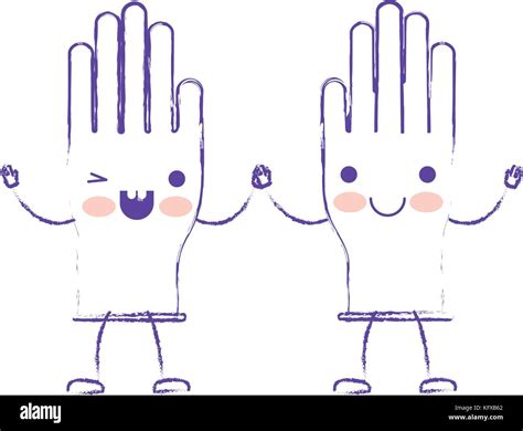 Kawaii Cartoon Pair Gloves Holding Hands In Purple Blurred Silhouette