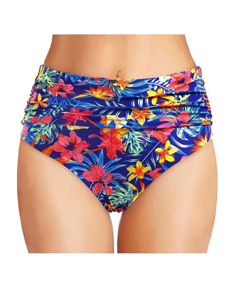 Tempt Me Women S Blue Floral High Waisted Bikini Bottom Tummy Control Ruched Bathing Suit Swim