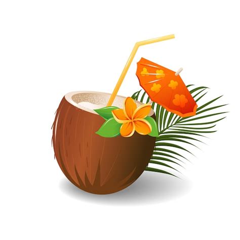 Premium Vector Cocktail In Coconut With A Straw And An Umbrella