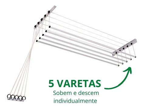 Varal Individual Teto Parede 5 Varetas Branco 100cm Maxeb Mebuscar Brasil