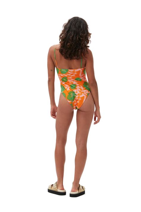 Vibrant Orange Recycled Printed High Cut Swimsuit Ganni