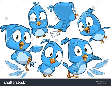 Very Adorable Blue Cartoon Bird Character Set With Different Poses And