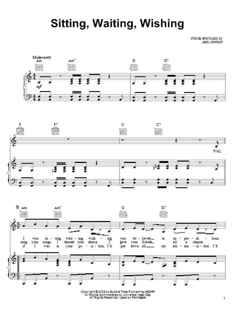 Sitting Waiting Wishing By Jack Johnson Sheet Music For Piano Vocal And Guitar Chords Right