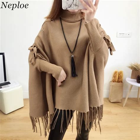 Neploe Tasssel Irregular Solid Women Tops Knitted Batwing Sleeve Loose