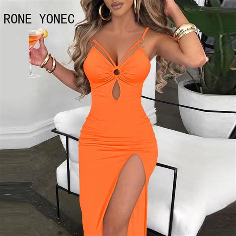 2024 Women Solid Sexy Spaghetti Straps Shirring High Silt Maxi Sexy