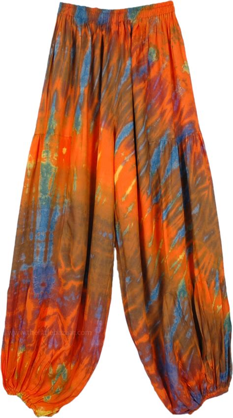 Tie Dye Orange Flame Elastic Waist Harem Pants Orange Split Skirts