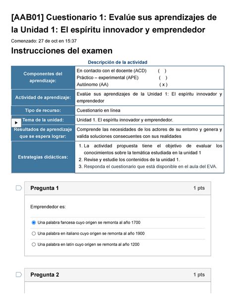 Examen AAB01 Cuestionario 1 Evalúe sus aprendizajes de la Unidad 1 El