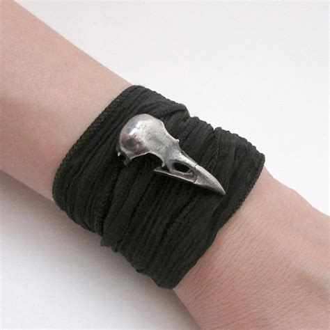 Small Raven Skull Bracelet Silk Or Leather Wrap Bracelet Ravynedge