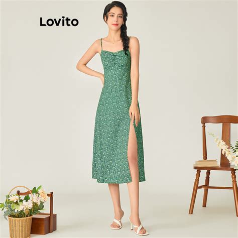 Lovito Casual Vestido Feminino Floral Franzido L71ED179 Verde