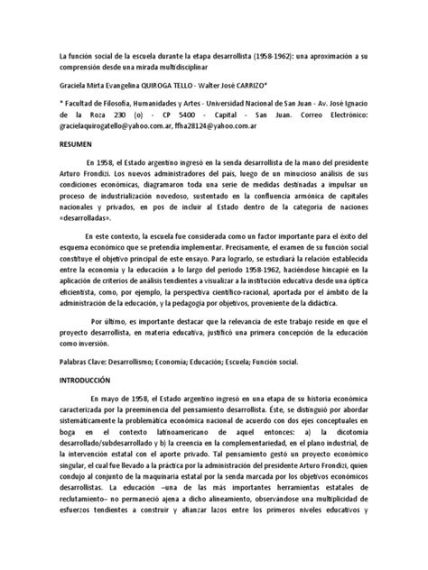 La Función Social De La Escuela Durante La Etapa Desarrollista Pdf Estado Política Plan