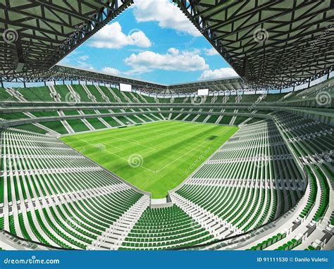 3D Render Of A Large Capacity Soccer Football Stadium With Green Chairs