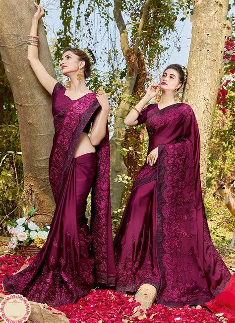 Wine Ceremonial Satin Classic Designer Saree Saree Designs Saree