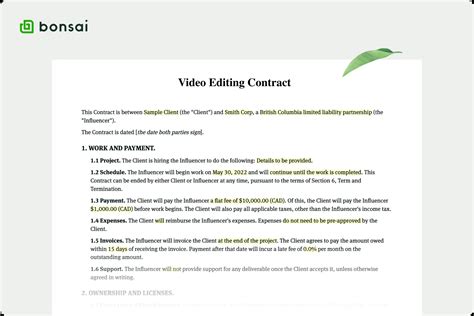 Video Editing Contract Template Bonsai