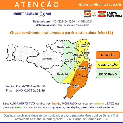 ATENÇÃO Defesa Civil alerta para chuva persistente e volumosa a partir