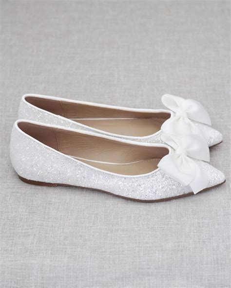 White Rock Glitter Pointy Toe Flats With Oversized Satin Bow Women