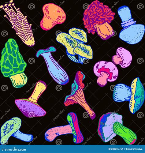 Neon Mushrooms Seamless Hand Drawn Pattern Vector Eps10 Stock Vector