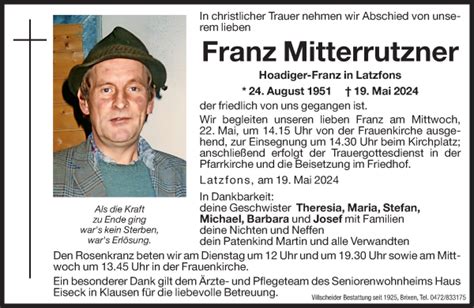 Traueranzeigen Von Franz Mitterrutzner Trauer Bz