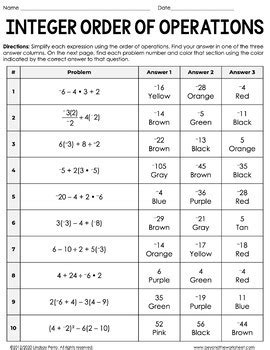 Order Of Operations With Integers Coloring Worksheet By Lindsay Perro