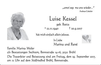 Traueranzeigen Von Luise Kessel Wirtrauern