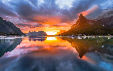 Landscape Nature Midnight Sun Sky Norway Summer Fjord Village