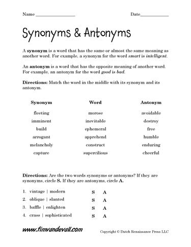 Free Synonyms and Antonyms Worksheets, Language Arts