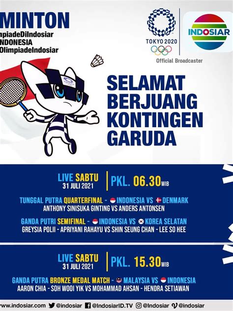 Jadwal Pertandingan Badminton Olimpiade Tokyo 2020 Sabtu 31 Juli