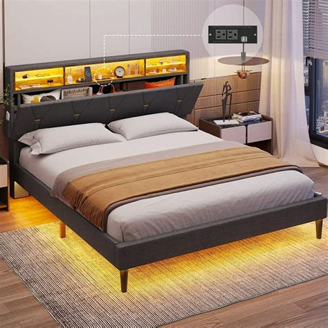 Queen Led Bed Frame With Storage Drawers Upholstered Headboard