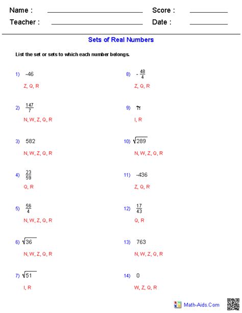 Sets Of Real Numbers Worksheet