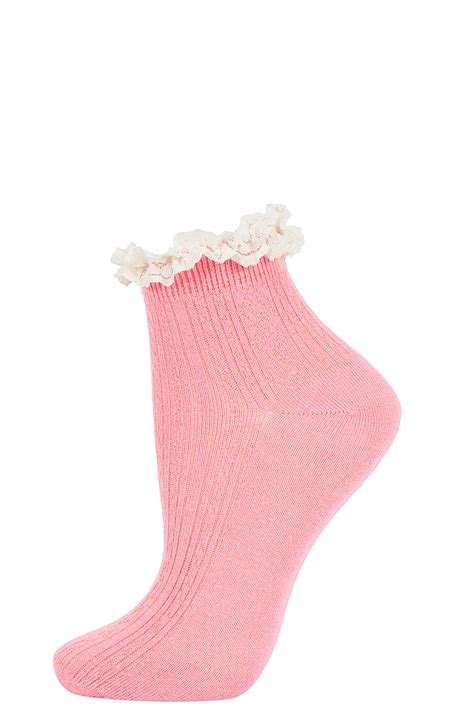 Lyst Topshop Pink Lace Trim Ankle Socks In Pink