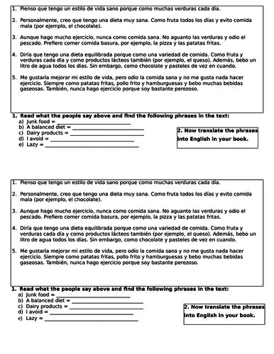Gcse Spanish La Dieta Sana Healthy Diet Teaching Resources